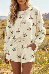 Beige Free Mallard Print Long Sleeve Top Drawstring Short Set