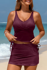 Burgundy Ribbed Knit Crossed Detail Tank Skort 2pcs Swimsuit