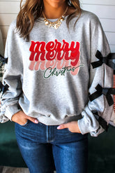 Light Grey Merry Christmas Letter Terry Flocking Ribbon Bow Split Sleeve Baggy Sweatshirt