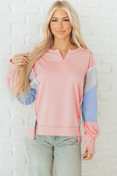 Apricot Pink Exposed Seam Color Block Patchwork Slit Cuffs Oversize Sweatshirt