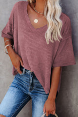 Rose Exposed Seam Drop Sleeve V Neck Waffle Textured Top