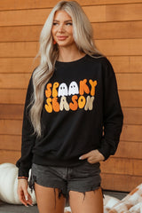 Color black Embroidered Spooky Season Graphic Long Sleeve Round Neck Pullover Sweatshirt