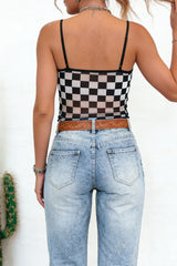 Black Sheer Checkered Print Spaghetti Straps Slim Tank Top