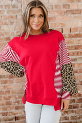Racing Red Striped Patchwork Sleeve Colorblock Sweatshirt