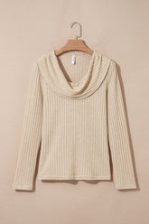 Apricot Solid Color Ribbed Knit Cowl Neck Long Sleeve Top