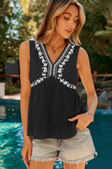 Black Floral Embroidered V Neck Sleeveless Casual Shift Top