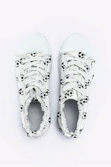 White Soccer Football Print Frayed Canvas Lace-up Shoes