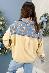 Apricot Floral Denim Patchwork Collar V Neck Long Sleeve Pullover Top
