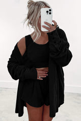 Black Shirred Hem Crop Tank Top Loose Shorts Cardigan 3 Piece Pajama Set