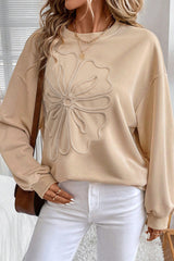 Parchment Embroidered Flower Pattern Drop Shoulder Sweatshirt
