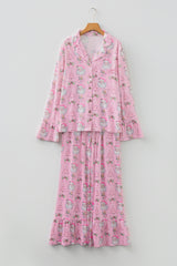 Pink Christmas Print Ruffled Ribbed Shirt & Pants 2 Piece PJ Set
