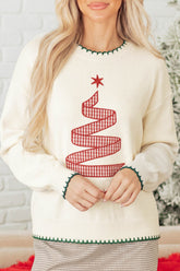 Beige Stitched Detail Christmas Tree Holiday Casual Sweater