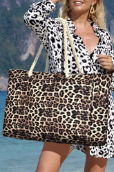 Coffee Leopard Print Rope Straps Large Travel Shopping Bag