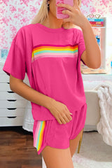 Beige Vibrant Striped Detail Athleisure 2pcs Short Set