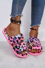 Rose Red Bold Plush Leopard Double Band Flat Slippers