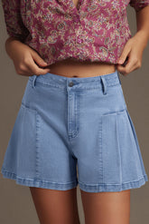 Dusk Blue Pleated Patchwork Wide Leg Lightweight Denim Shorts