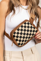 Coffee Faux Leather Checkered Patchwork Crossbody Waist Bag