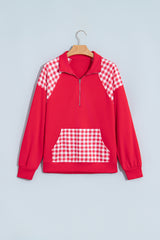 Navy Blue Patchwork Plaid Pocket Quarter Zip Sweatshirt
