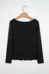 Black Lace Trim Elegant Neckline Long Sleeve Slim Top