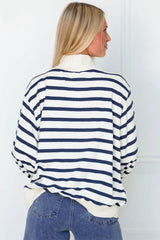 Blue Stripe Striped Stand Neck Long Sleeve Ribbed Cuff Hem Sweatshirt