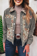 Medium Grey Ribbed Retro Floral Patchwork Jacket