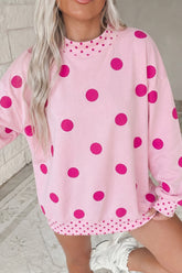 Pink Polka Dot Print Contrast Detail Oversized Tunic Sweatshirt