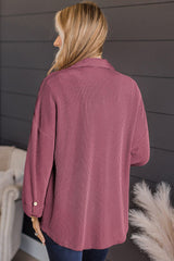 Fiery Red Pink Roll Tab Sleeve Ribbed Cording Shacket