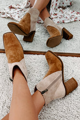 Camel Two Tone Faux Suede Square Toe Chunky Heel Boots