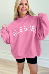 Bright Pink Oversize Blessed Embroidered Mock Neck Sweatshirt