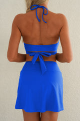 Dark Blue Crossover Tie Back Halter Bikini with Swim Bottoms