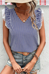 Blue Stripe V Neck Lace Contrast Ruffle Trim Tank Top