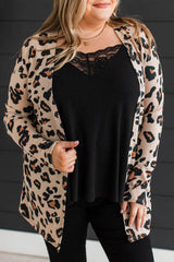 Khaki Leopard Print Long Sleeve V Neck Tunic Plus Size Cardigan