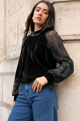 Color Black Solid Color Sheer Lace Long Sleeve Patchwork Stand Neck Velvet Blouse