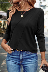 Black Asymmetric Seam Detail Solid Color Long Sleeve Top