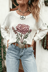 White Western Floral Dropped Shoulder Lightweight Knit Sweater