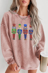 Pink Christmas Nutcracker Graphic Sequins Patch Corded Baggy Sweatshirt