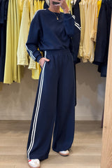 Dirty Blue Varsity Striped Detail Cropped Pullover Wide Leg Pants 2pcs Outfit