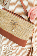 Beige Pearl Bow Decor Woven Patchwork Shoulder Bag