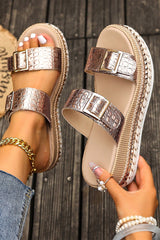 Gold Metallic Textured PU Leather Buckle Wedge Platform Slippers