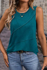 Blue Sapphire Solid Color Stitching Detail Round Neck Tank Top