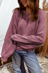 Red Dahlia Lace Applique Notched Neck Mineral Wash Baggy Sweatshirt