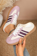 Color black PU Leather Color Block Varsity Lace Up Flat Shoes