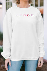 White 3d Ribbed XOXO Heart Embroidered Drop Shoulder Sweatshirt