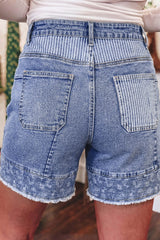 Sky Blue Striped Paisley Mixed Patchwork Raw Hem Denim Shorts