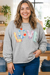 Light Grey Long Sleeve Patch Embroidery Tunic Plus Size Blouse