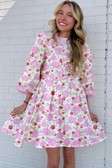 Pink Floral Print Striped Trim Flowy Mini Dress