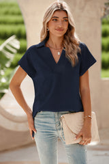 Navy Blue Textured V Neck Collared Slit Hem T Shirt