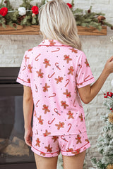 Pink Short Sleeve Placket Shell Button Elastic Waist Lounge Set