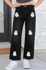 Black Sequin Ghost Patched Graphic Raw Hem Casual Jeans