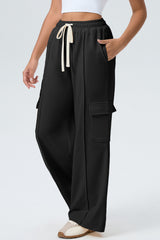 Black Solid Color Drawstring Elastic Waist Cargo Patch Pocket Active Pants